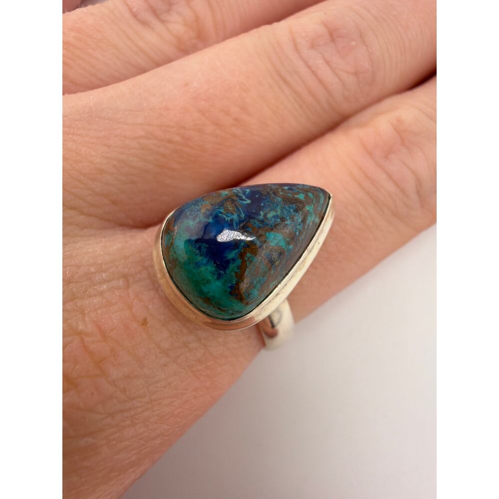 Teardrop Azurite Blue Green 925 Sterling Silver Statement Ring Size 7 - Picture 2 of 7